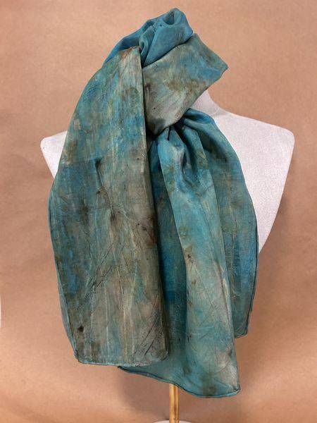 Teal and Olive leaf hand painted silk scarf