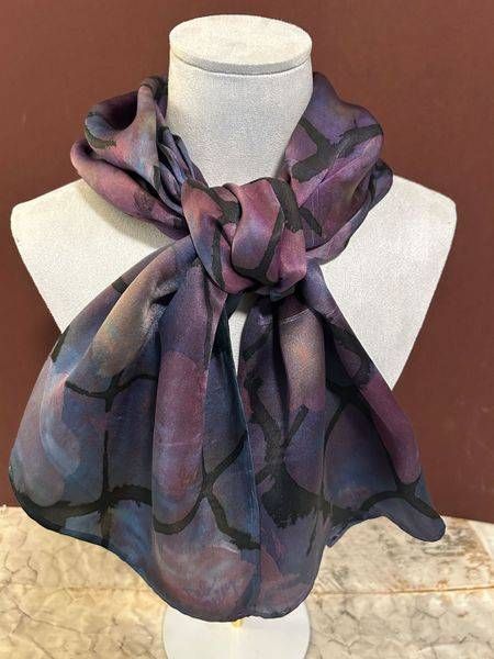 Garden Gate hand painted silk satin scarf blue tones by Debbie Alley