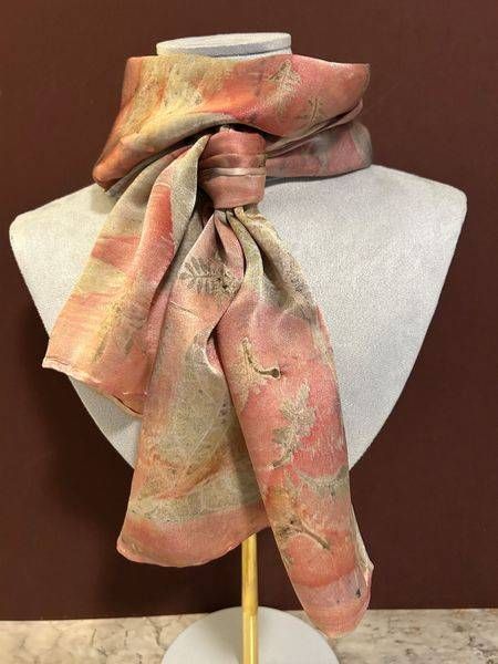 Terracotta colors with printed leaves on satin silk scarf by Debbie Alley