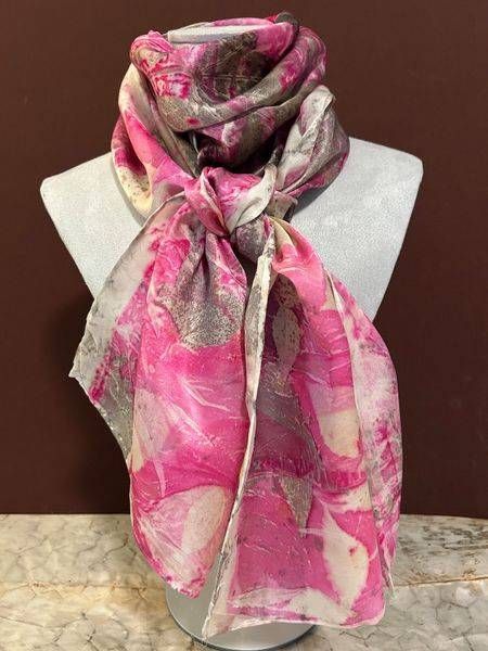 Pretty in pink leaf printed and hand painted silk satin scarf by Debbie Alley