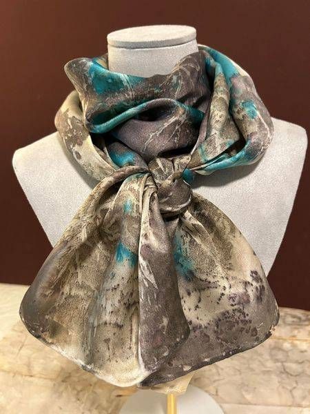 Sycamore leaves eco printed on silk scarf with hand painted turquoise highlights by Debbie Alley