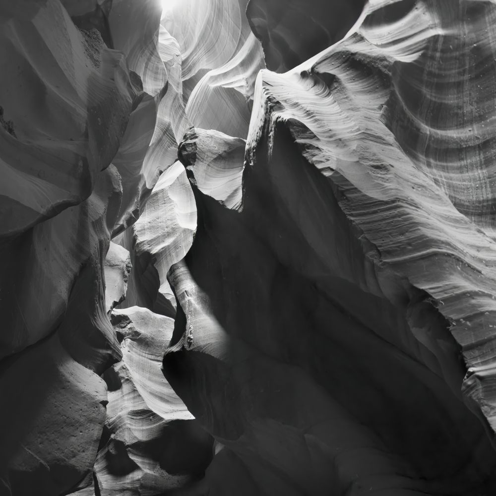 Antelope Canyon Monochrome Photography — Light Beam and Stone Textures