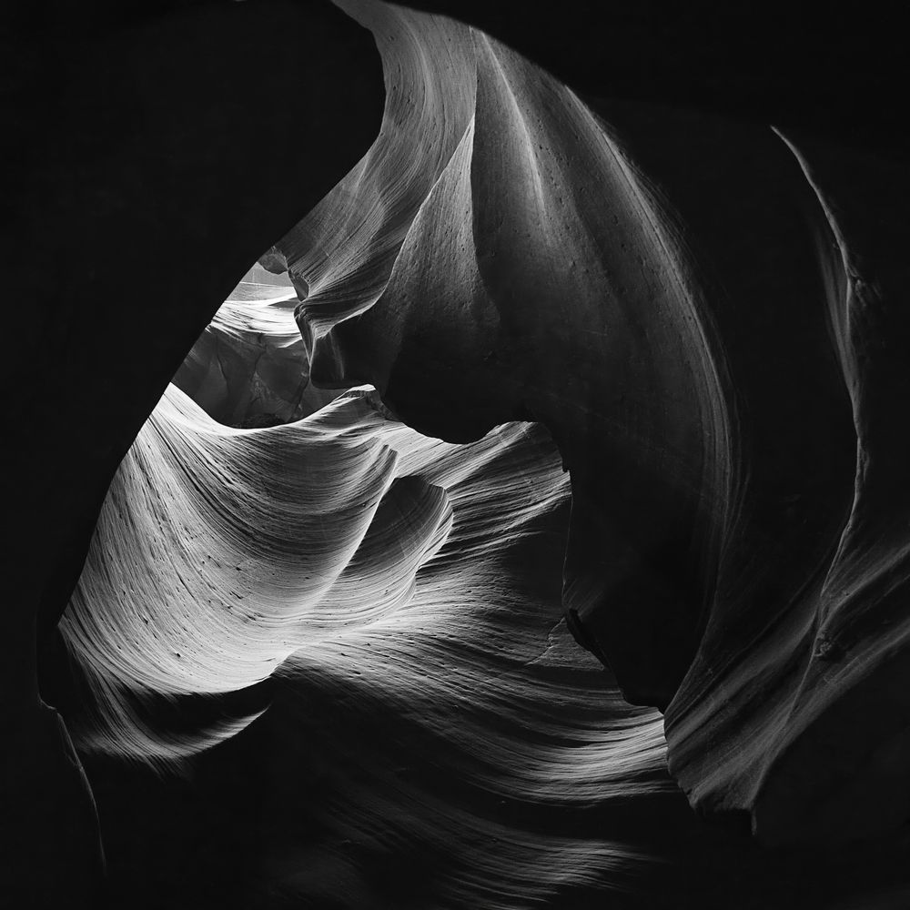 Monochrome Antelope Canyon Fine Art Print — Smooth Canyon Curves and Light