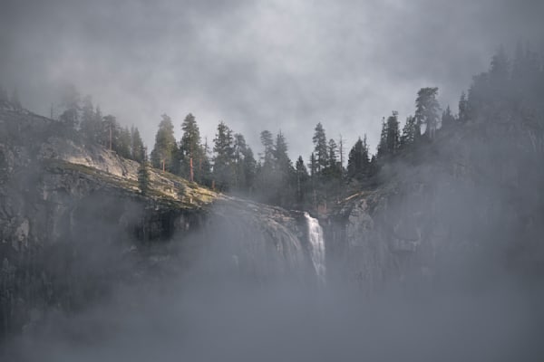 Waterfall and Granite Cliffs in Mist - Yosemite Valley