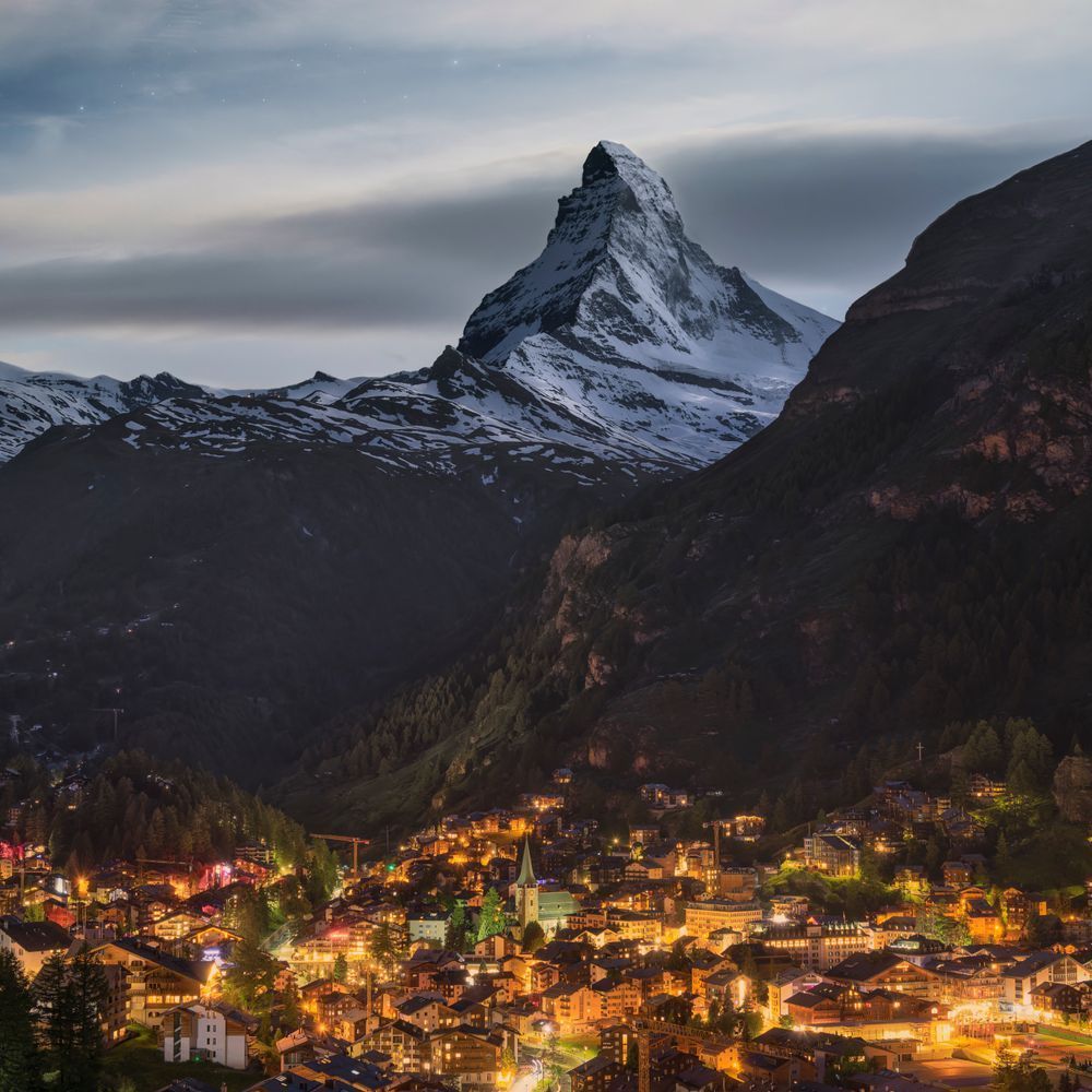 Starry Night Over Zermatt At The Base Of The Matterhorn