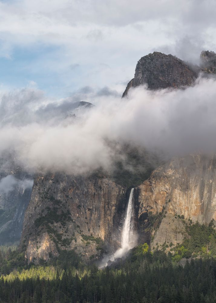 Sunlit Bridalveil Fall with Clearing Mist - Yosemite National Park