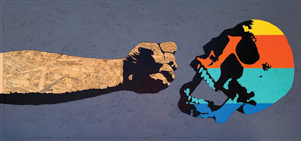 Fist & Skull by Jon Savage | 49x23 Original Painting on Reclaimed Wood