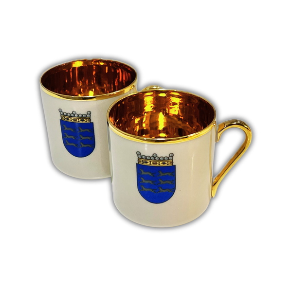 Arabia Finland Heraldic Gilt Mug Pair 1974 Vintage Porcelain