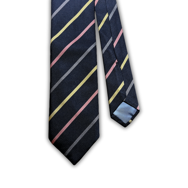 Vintage Harrods London Regimental Stripe Tie – Navy with Yellow, Rose & Silver Stripes