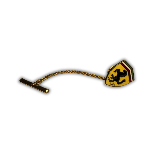Vintage Ferrari Shield Tie Tack with Safety Chain — Gold-Tone Enamel