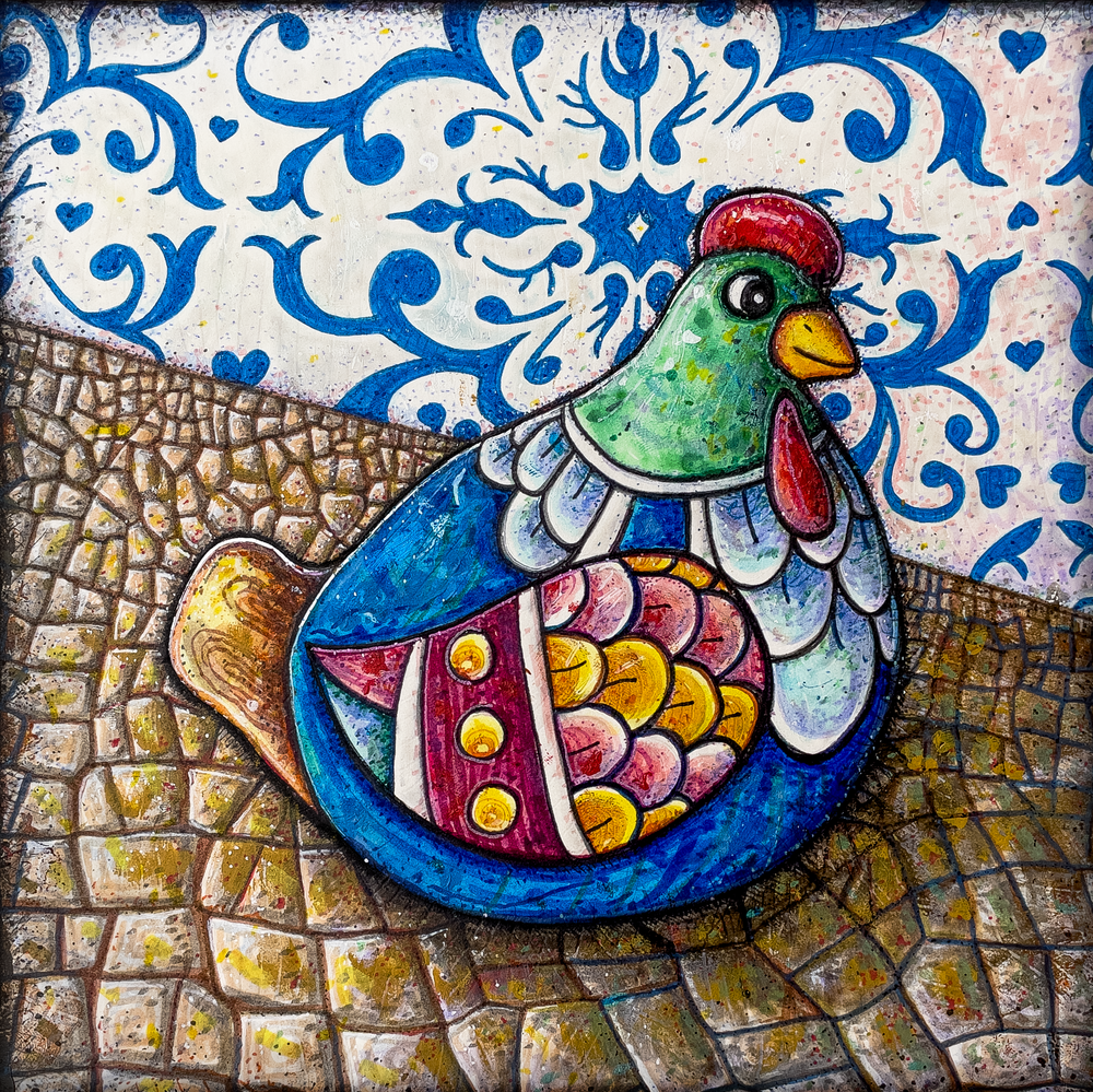 colorful ceramic Portuguese-inspired kitchen rooster drawing