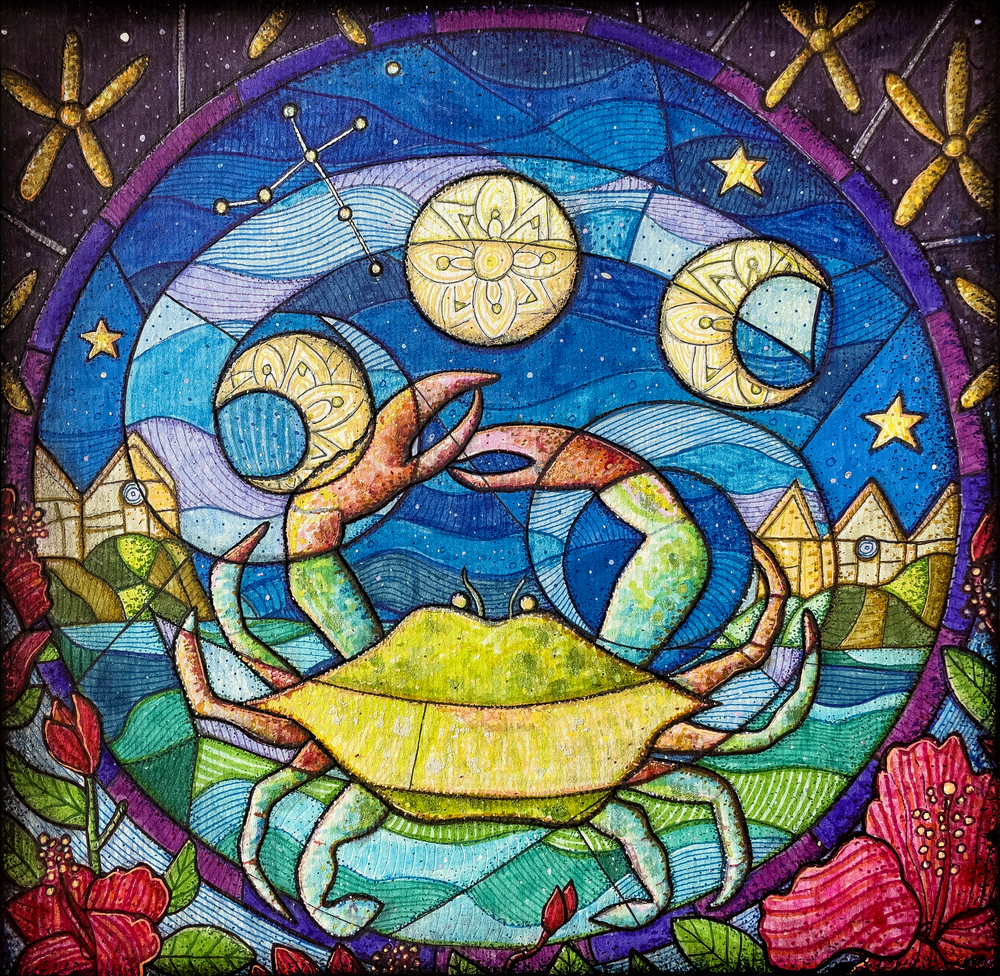 Cancer Zodiac Art by Kristen Palana: A Moonlit Crab and Celestial Symbols