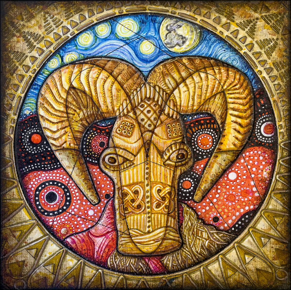 Aries Ram Mask Zodiac  Gift Art - Multicultural Symbols & Global Patterns