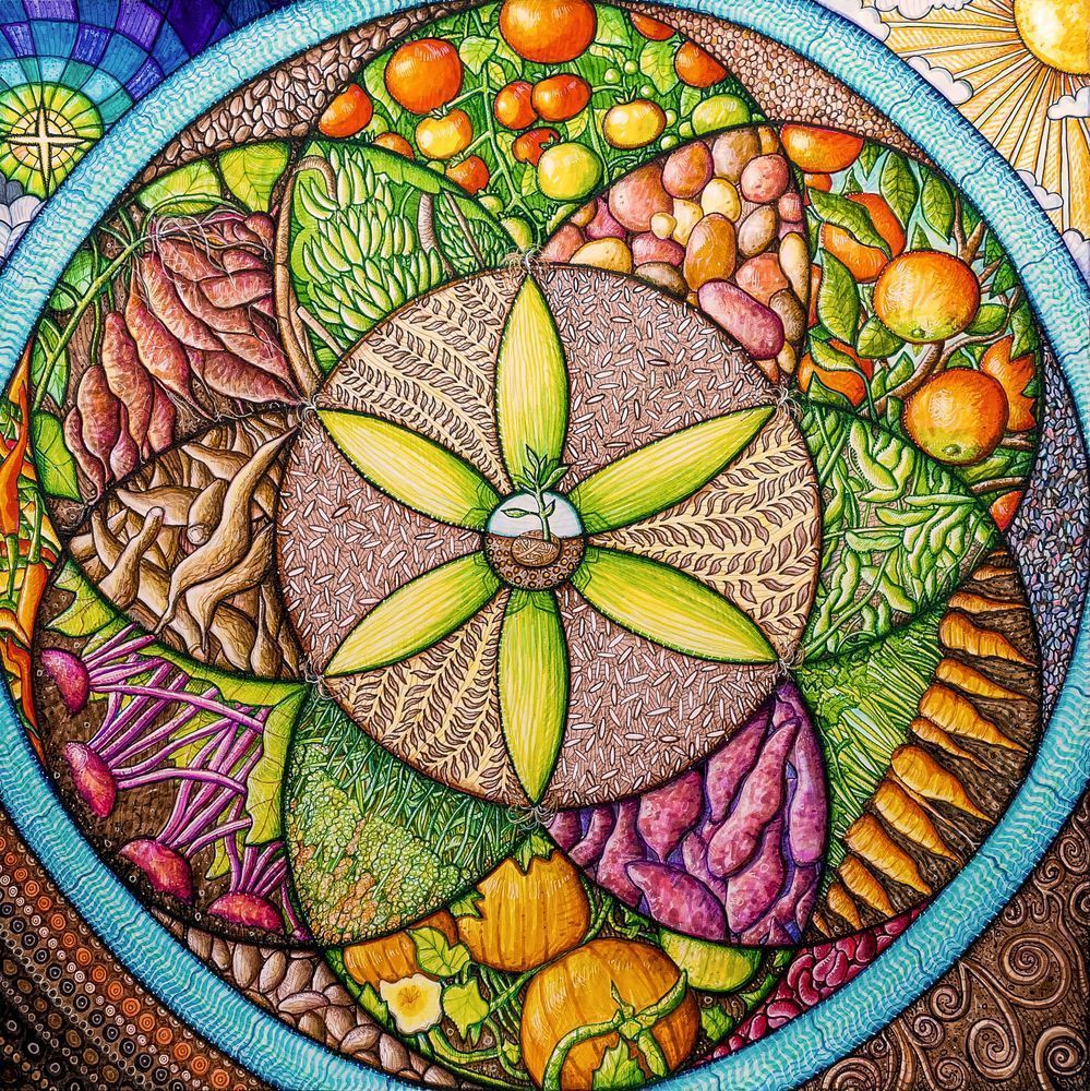 Abundant Harvest: Food Security Meditation. end hunger sustainable development goal sacred geometry farming agriculture art drawing