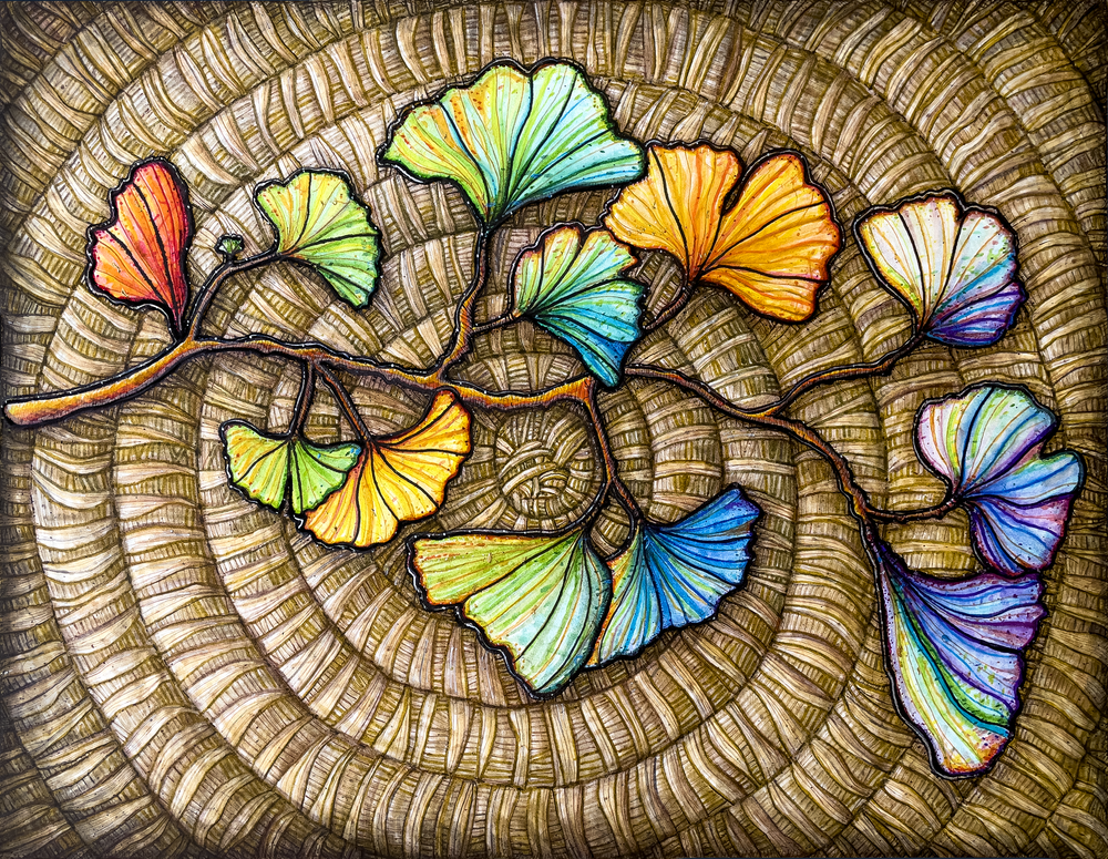woven ginkgo leaves chakra drawing by Kristen Palana