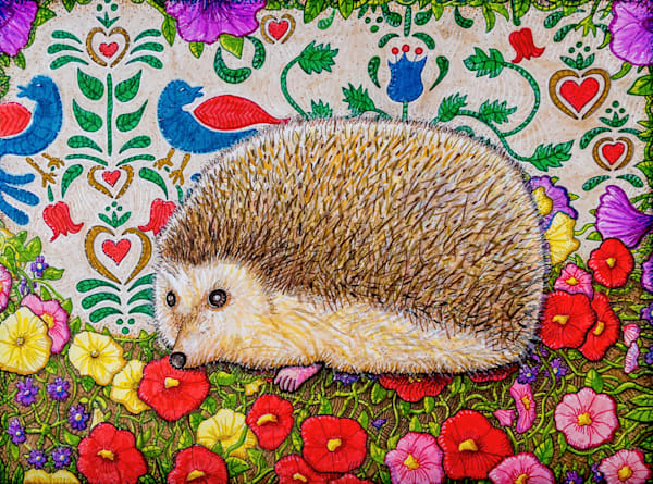 Harmonious Hedgehog. German medieval pattern harmony art print drawing