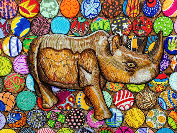 Golden Rule Peaceful Rhino -Rhinocerotidae Malawian wood carving drawing against a chitenje bottle cap background