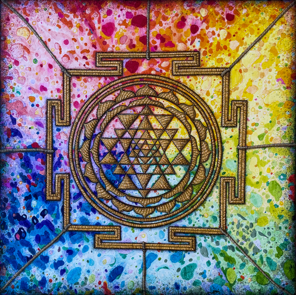 Sri Yantra Miracle Meditation Art: Sacred Geometry and Colored Glass Basket Drawing by Kristen Palana