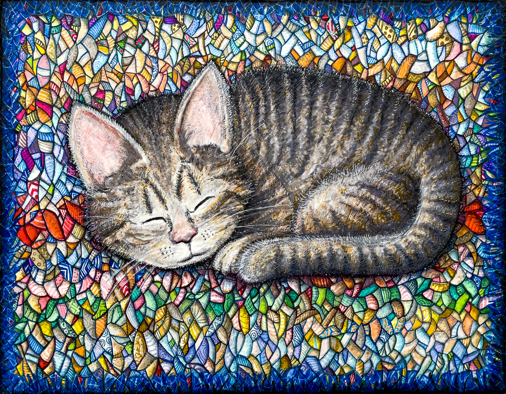 sleeping gray tabby on colorful mat art gift