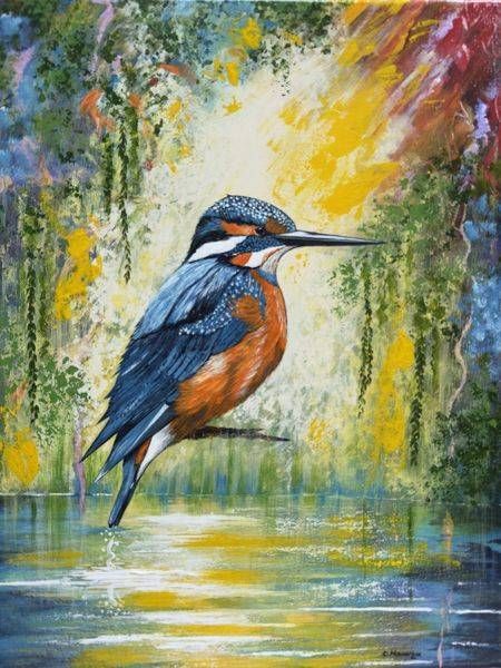 Kingfisher Jewel on the Water Original Painting | C. Hamza Art